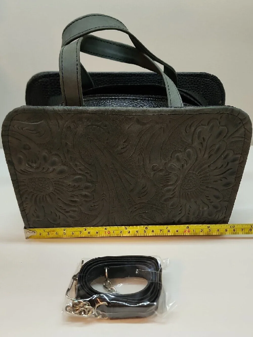 Embossed Floral Grey Leather Satchel